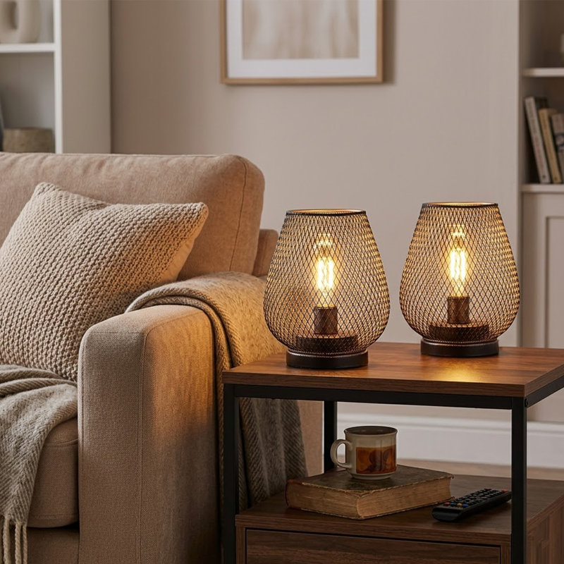 Borough Wharf Set of 2 Metal Cage Battery Powered Table lamp (Egg Shape)