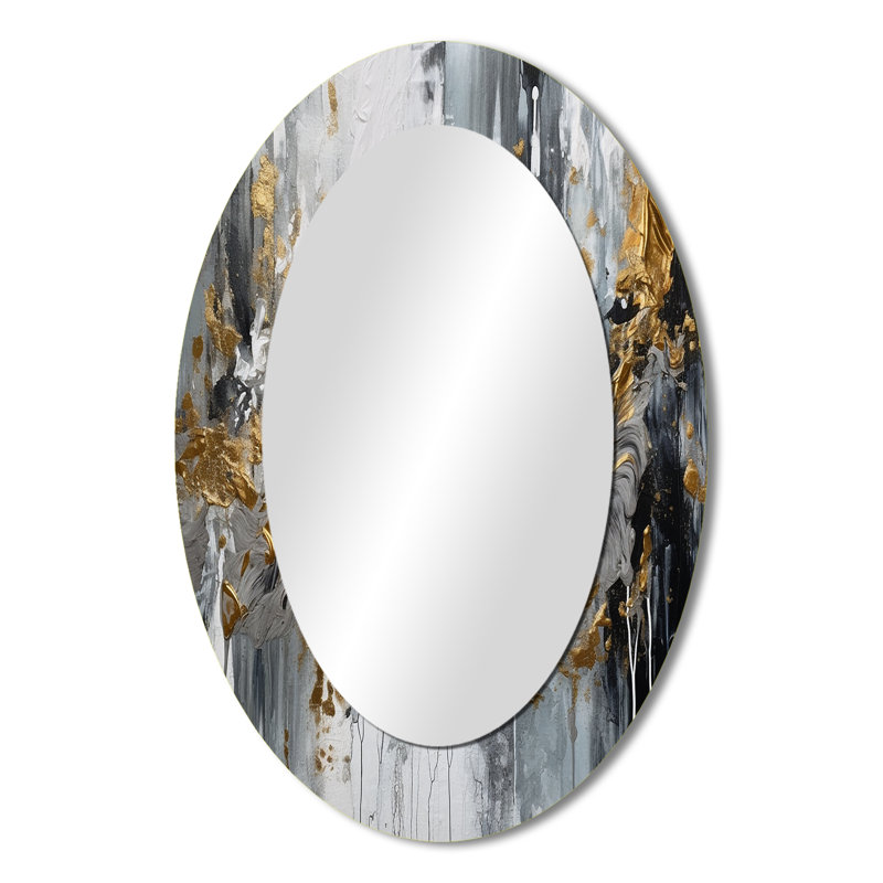 Black And White Delicate Brushstrokes I - Abstract Oval Decorative Mirror On Metal, 36" x 24"