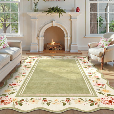 Washable Floral Scalloped Thin Non-Slip Green 5X7 Area Rugs For Living Room Bedroom Vintage Office Dining RoomRug