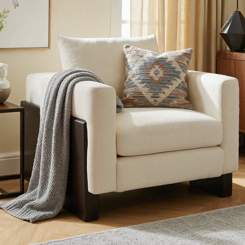 Fauteuil club CenterStage, canapé d'appoint à une place avec pieds en bois d'hévéa, revêtement en chenille, siège en mousse et à ressorts ensachés, conception élégante d'accoudoirs pour le salon et la chambre à coucher