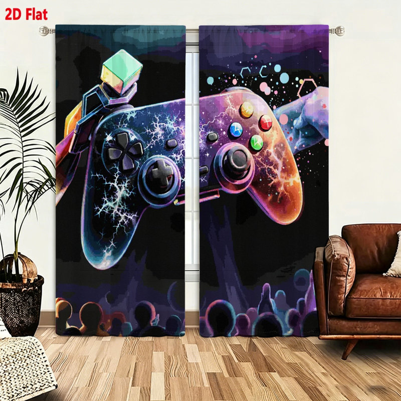 2 Piece Window Curtains Set Gaming Theme Controller Print Room Decor Aesthetic Colorful Joystick Pattern Window Drapes Panels for Kids Teens Bedroom Living Room Decor