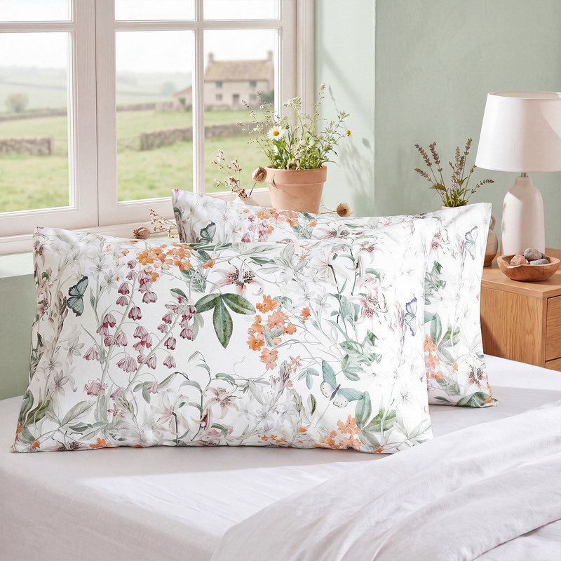Ensemble de 2 taies d'oreiller Queen Size 100 % coton, motif floral botanique jaune, avec poche de fermeture. Taies d'oreiller respirantes et douces.