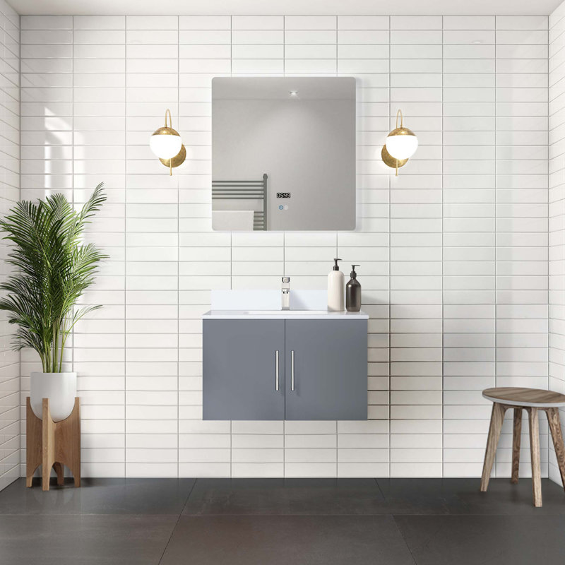 Ensemble de meuble-lavabo avec robinet et miroir DEL, Gris foncé, Quartz blanc