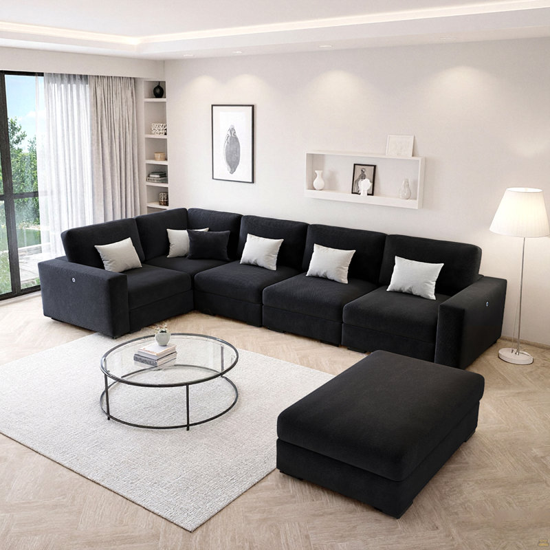 Canapé modulaire modulaire avec repose-pieds - Tissu en flanelle de lin de haute qualité, Lin - Noir