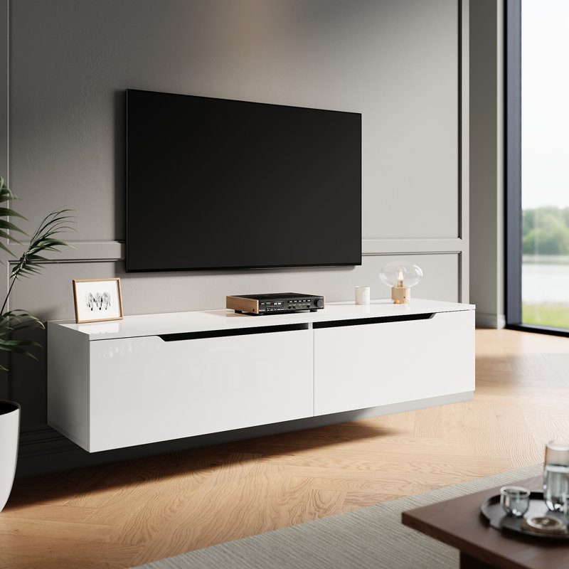 Floating TV Cabinet with RGB LED Light, Wall Mounted TV Stand, Soft Close Flip Doors Cable Hole, 30cm H x 140cm W x 35cm D