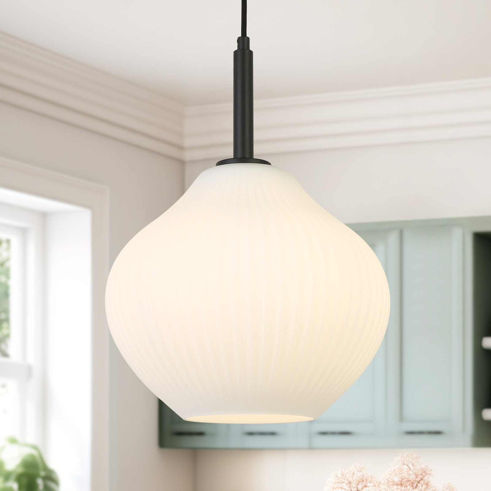 1- Light Modern Ribbed Glass Pendant Light, Matte Black
