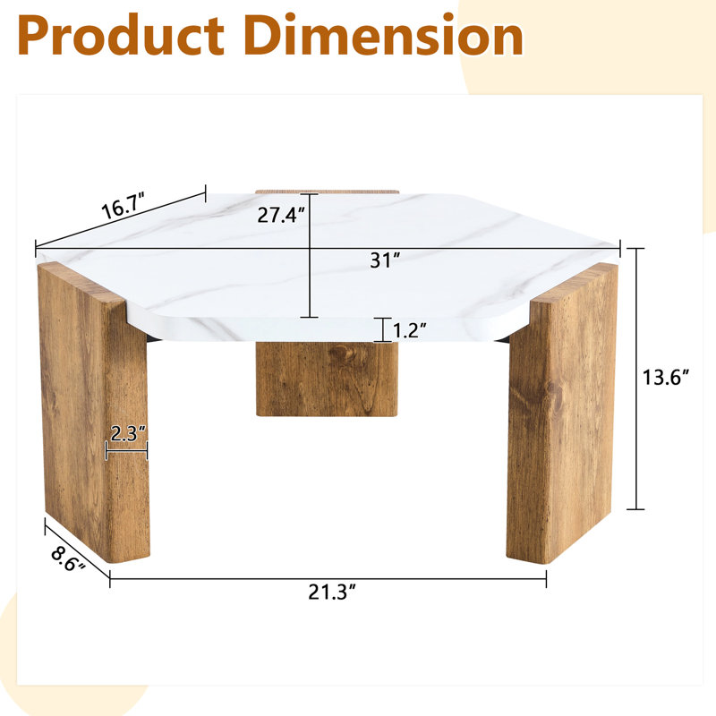 Table basse Alpharetta de 31 po, pentagonale, blanche, d'inspiration naturelle, surface texturée en marbre, base triangulaire, charge de 250 lb