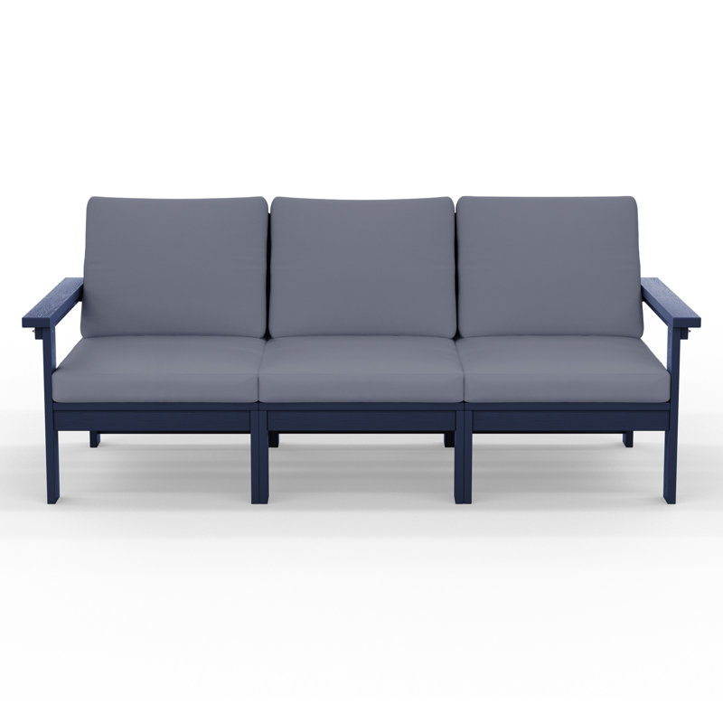 Zolah 3-Person Outdoor HDPE Seating Group with Cushions, Blue, Gray