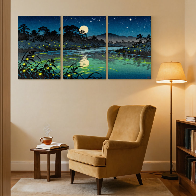 «Moonlit Lake» avec 3 lucioles et étoiles, ensemble d'art sur toile, H 24 po x l 48 po