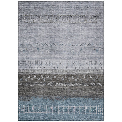 9' X 12' Blue Gray And Charcoal Southwestern Washable Indoor Outdoor Area Rug