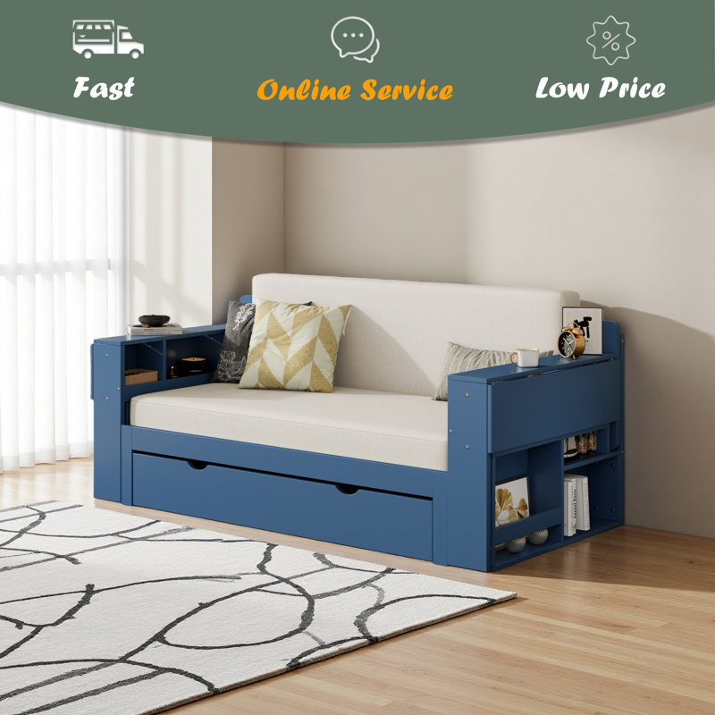 Lit de jour avec bureau amovible, tiroirs de rangement et table d'appoint hydraulique, Bleu, Double