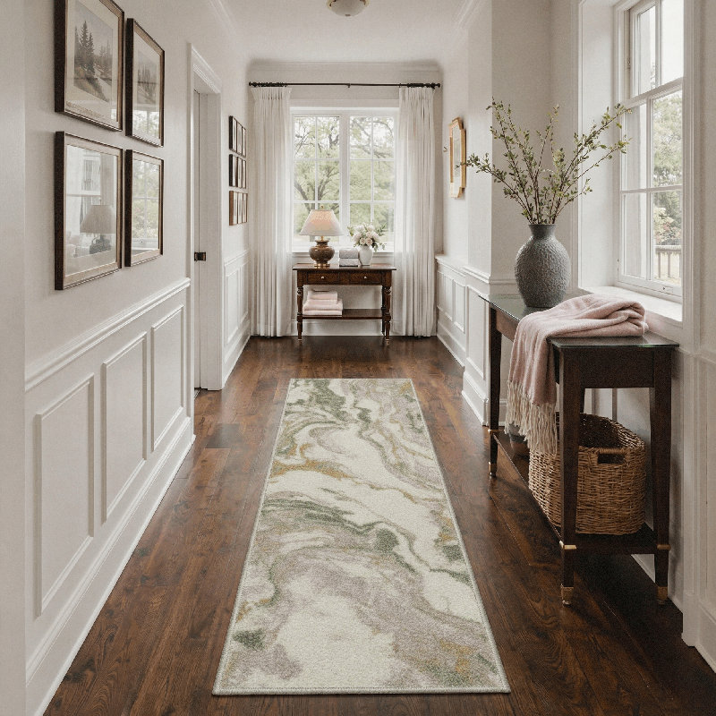 Marbella Abstract Marble Sage Machine Washable Non-Slip Area Rug, Runner 2' x 6'