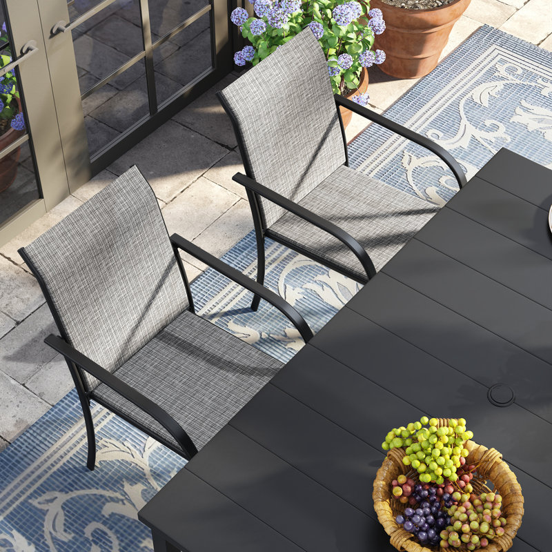 6-Person Rectangular Patio Dining Set With Stackable Textilene Chairs, Black/Gray
