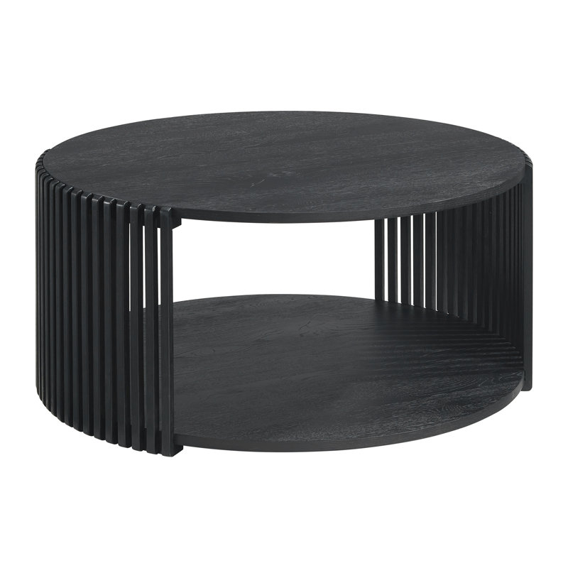Estie Round Wood Slatted Coffee Table With Open Shelf, Black