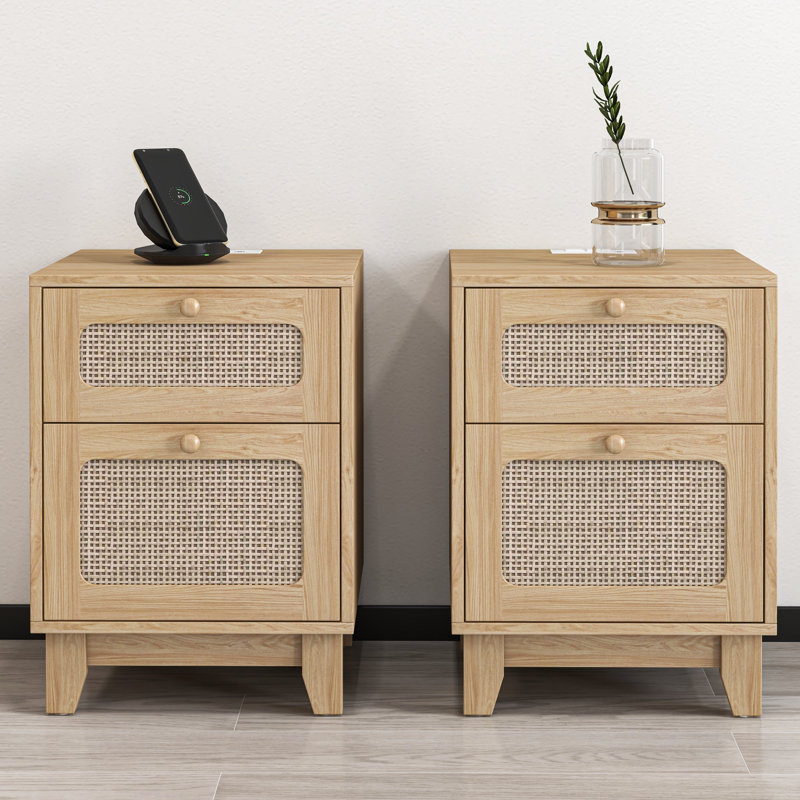 Kunkle Manufactured Wood Rattan Nightstand with charging station, Set of 2