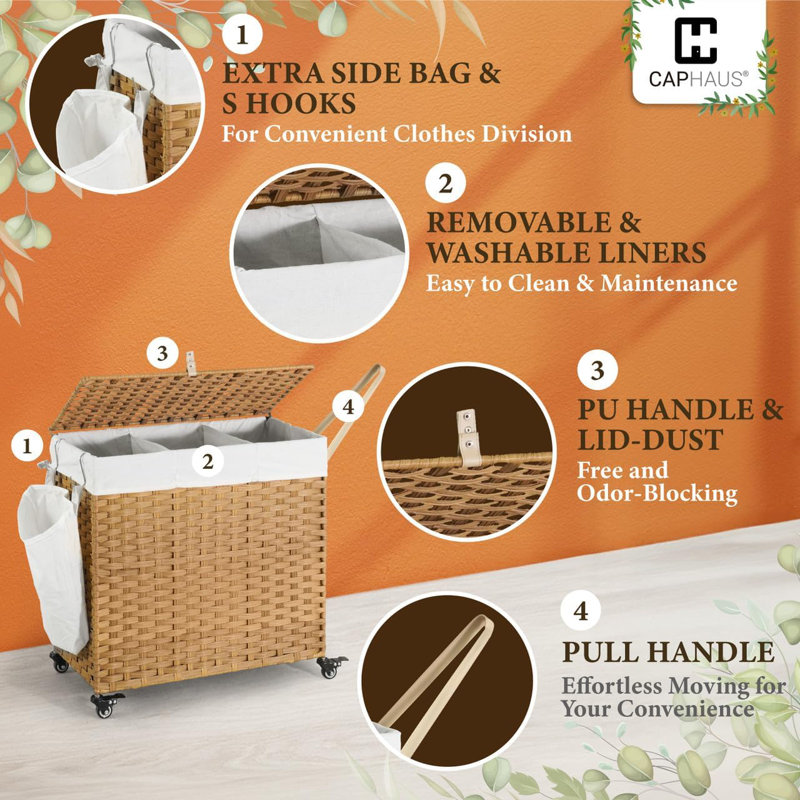 Natural Rattan 160L Laundry Hamper with Wheels and Lid