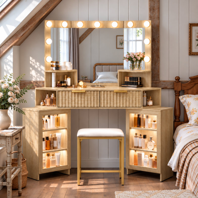 Dressing Table with Motion Sensor 3-colour lighting, Charging Socket and Stool, Beige
