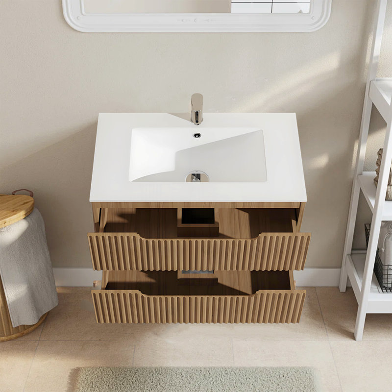 Mid-Century 30" Walnut Floating Bathroom Vanity Modern Wall-Mounted Floating Bathroom Cabinet