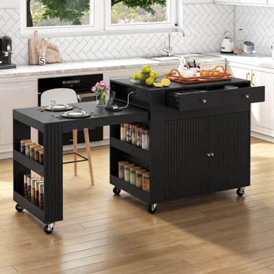 Chariot pour îlot de cuisine sur roulettes 71 po avec 2 portes cannelées et 2 tiroirs, table de préparation mobile blanc / noir