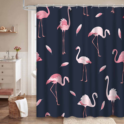 Exotic Pink Flamingos Feather Blue Shower Curtain with 12 Hooks
