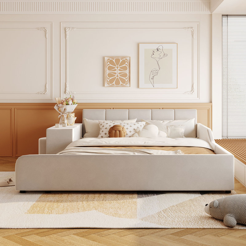 Upholstered Low Standard Bed with Bedside Desk and Round Stool, Mother & Child Bed, Queen, Beige