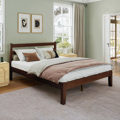 Lit plateforme en bois massif de style Mid-Century avec tête de lit, cadre de lit moderne avec support silencieux et robuste - aucun sommier nécessaire
