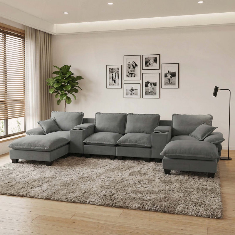 Canapé en U en forme de nuage avec 2 repose-pieds, consoles de rangement, USB, chenille, conception de voilier, Gris