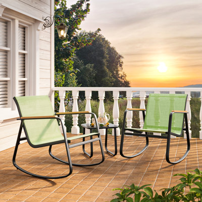 Ensemble de patio d'extérieur 3 pièces avec chaises berçantes en textilène et accoudoirs en bois massif