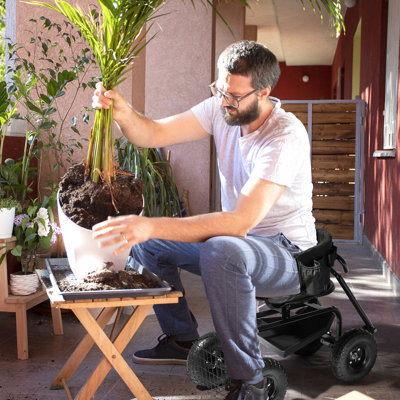 Black Rolling Garden Cart With Cushioned Backrest & Seat