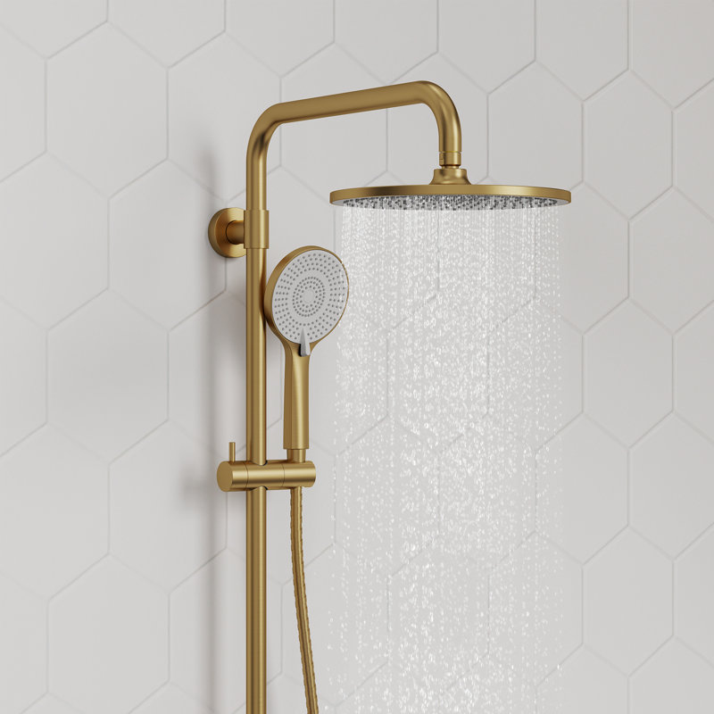 Wall Mount Pressure-Balanced Shower System, 10" Rainfall Shower Head with Slider Bar Handheld Spray, Brushed Gold