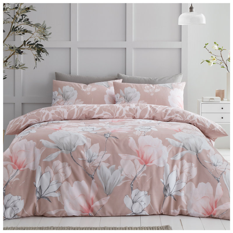 Floral Bedding Set - Polycotton Lightweight Duvet Cover with Matching Pillowcases - Single Double King, Pink, King