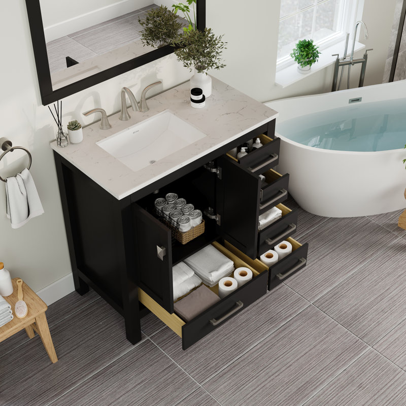 Meuble-lavabo en porcelaine encastré l 36 po x P 22 po Minnich, Espresso, Quartz - blanc de Carrare