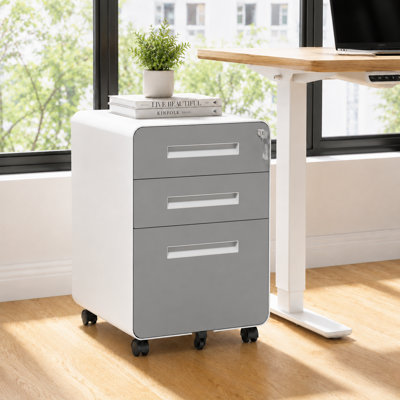 Bizoe Grey 3-Drawer Locking Metal Mobile Vertical File Cabinet with Rounded Corners