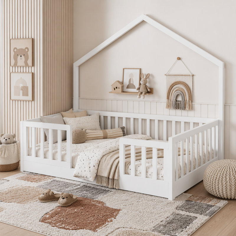 Lit sur pied avec rails hauts, lumière DEL et design Montessori, Lit simple, Blanc