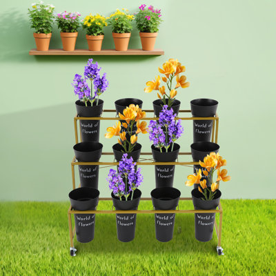 Metal Flower Display Stand Plant Stand with Wheels  Movable Flower Display Stand with Buckets