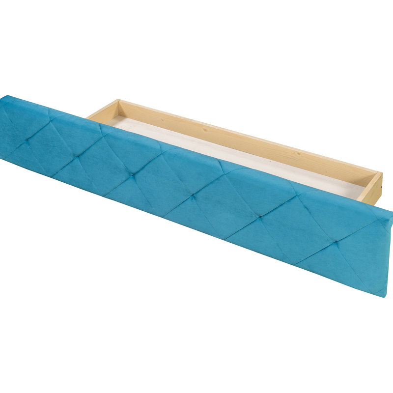 Grand lit plateforme tapissier en velours avec aspect à oreilles, grand tiroir de rangement, deux tabourets latéraux, structure solide pour une utilisation à long terme, base de support à 10 lattes, tête de lit, tiroir en bas, 800 lb