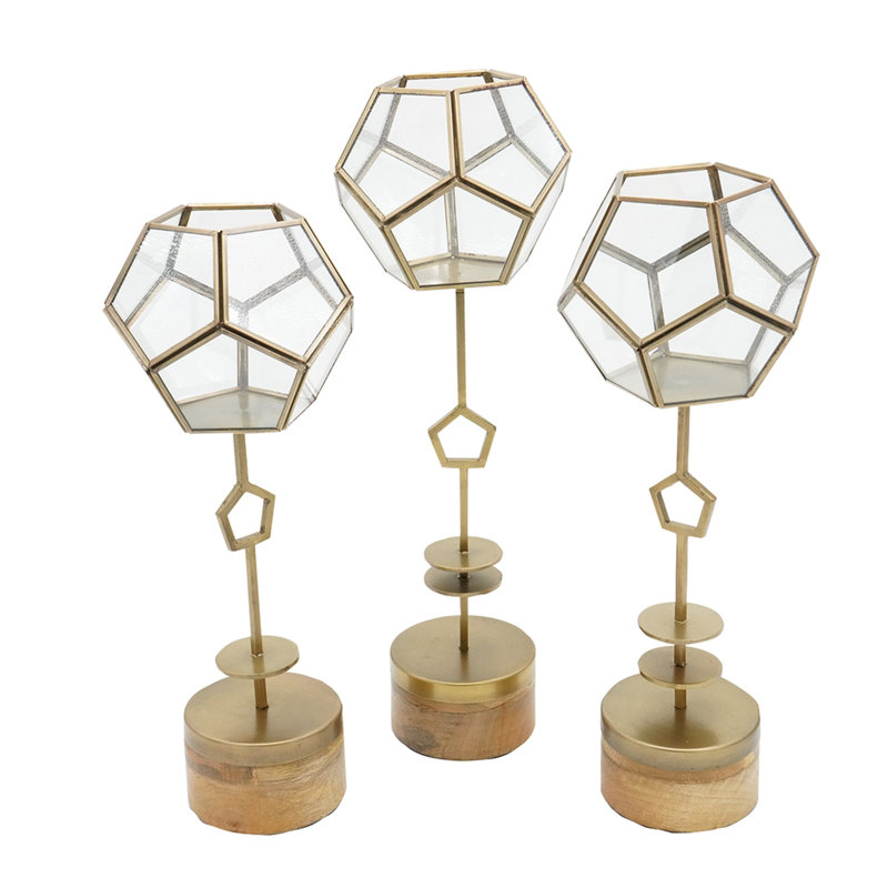 Ensemble de 3 lanternes de terrarium Suzie Jada, fer bronze, bois de manguier 15 17 19 pouces