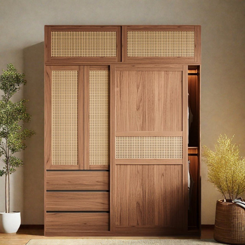 Simple And Elegant Wicker Sliding Wardrobe, 97.64" H x 62.99" W x 23.62" D