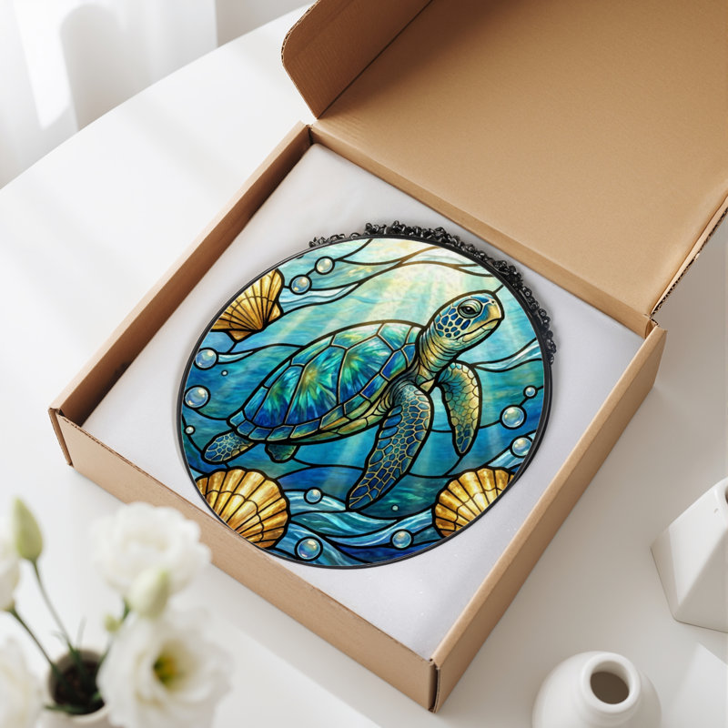 7.8"H Sea Turtle Stained Glass Window Panel, 7.8" H x 7.8" W