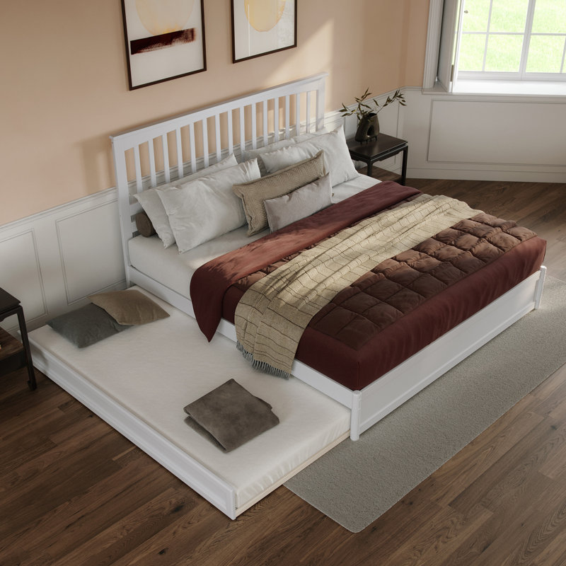 Asparas Solid Wood Platform Bed with Footboard & Roll Out Trundle Bed, White, King