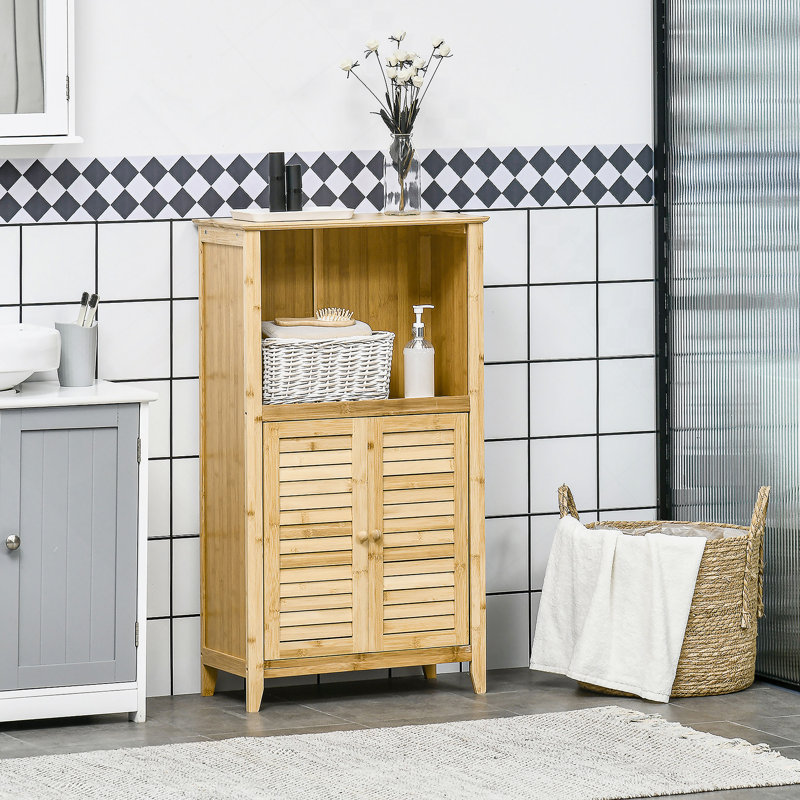 Bamboo Floor Cabinet Bathroom Floor Cabinet Living Room Organizer Tower With Multiple Shelves And Doors, Natural