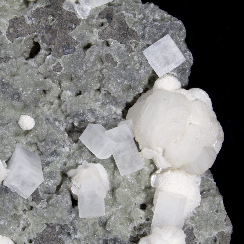 Gyrolite avec apophyllite cubique et mordénite mineure sur calcédoine