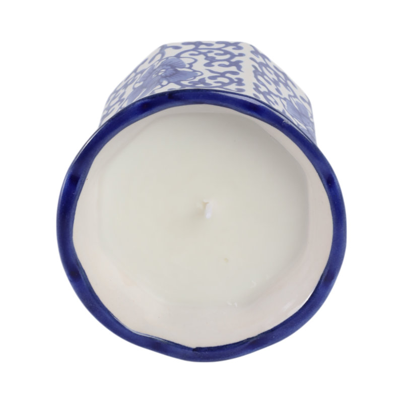 Bougie parfumée moderne en céramique Plumeria pour décor de salon - Décoration pour table basse, chambre à coucher ou bibliothèque - 4 po, bleu et blanc