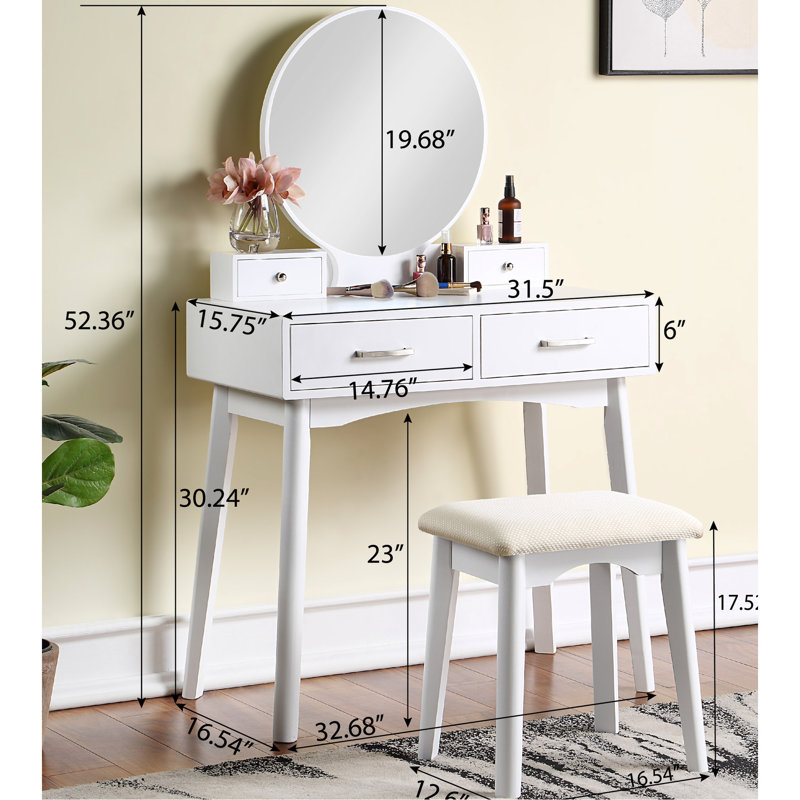 White Contemporary Wood Vanity And Stool - Tapered Legs, Mirror, 15.75"d Table Top, 41.13 Lb Weight Drawer Storage, 31.5"w X Table, 48.4 Package