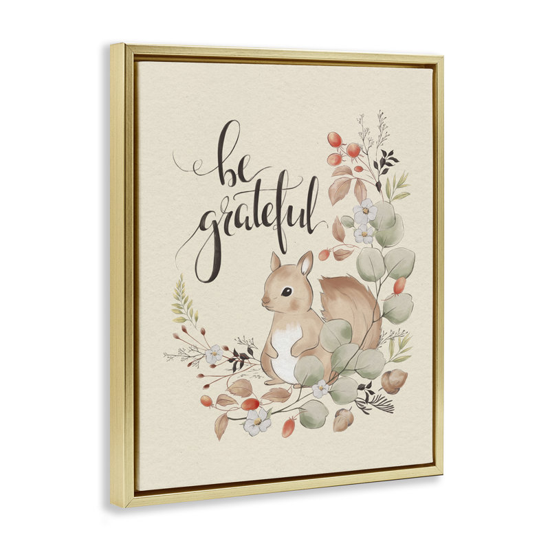  «Be Grateful Squirrel», art mural sur toile par Andrea Jasid Grassi, H 31 po x l 25 po, Cadre flottant métallique doré