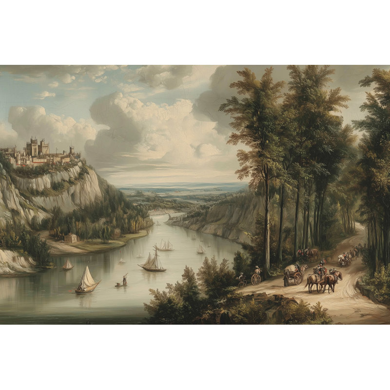Papier peint traditionnel paysage voiliers de rivière, 120 po x 96 po, Non tissé