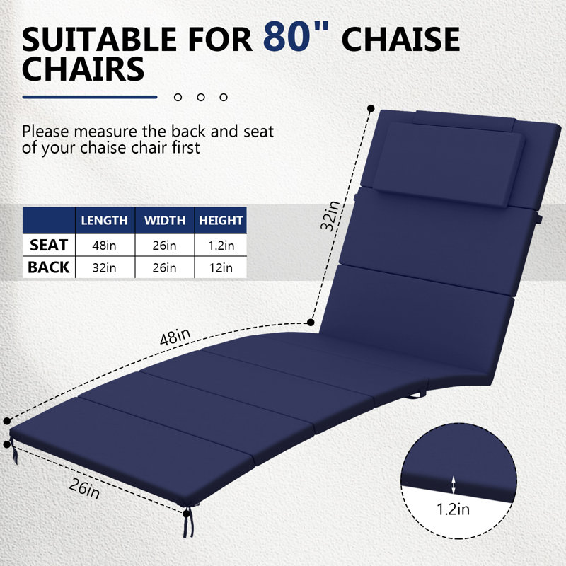 Chaise Lounge Cushion Outdoor(Set Of 4), Navy, 48" W x 26" D