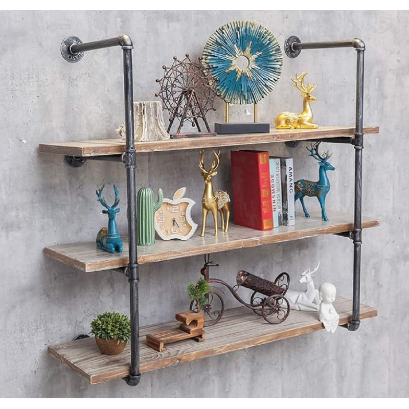 Industrial Black Iron and Wood Wall Mounted Kitchen Shelves