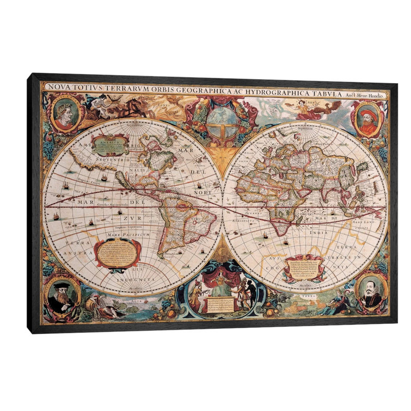 Antique World Map by Henricus Hondius - Print on Canvas, 66.04 cm H x 45.72 cm W, Mustard/Dark Red/Cream