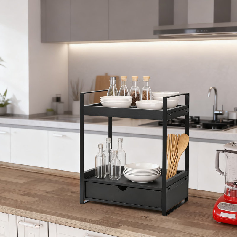 Organisateur de comptoir à 2 niveaux avec tiroir, tablette de rangement en bois et en métal pour meuble-lavabo, cuisine, bureau, plateau décoratif multi-usages